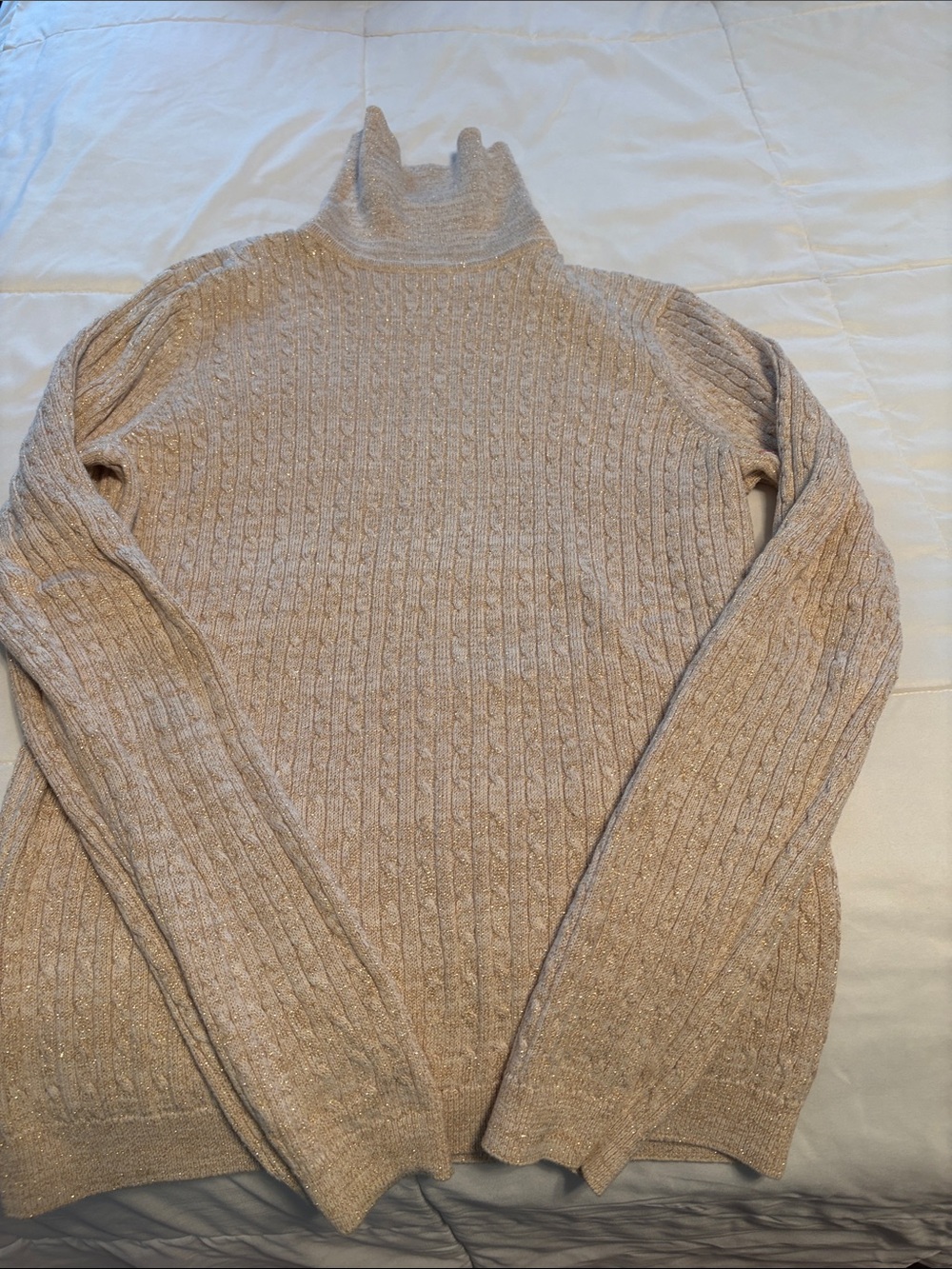 JEANNE PIERRE Gold Shimmer Metallic  Cable-Knit Turtleneck Sweater